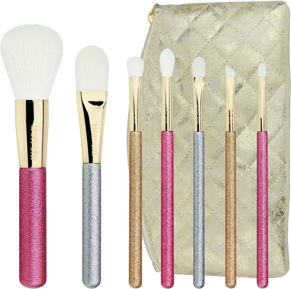 Bon-cla, Glittery Essential Brush Set 7 PCS with Travel Makeup Pouch, for Powder Brush, Foundation Brush,Crease Brush, Concealer Brush, Shadow Brush, Angled Liner Brush, Lip Brush
