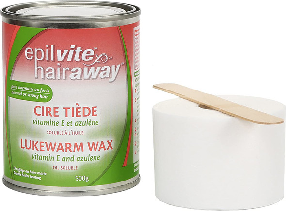 Epil-Vite/Hair Away - Lukewarm Wax with Vitamin E and Azulen Kit, 500 g + 1 Pellon Roll + 1 Wood Spatula Epil-Vite/Hair Away - Lukewarm Wax with Vitamin E and Azulen Kit, 500 g + 1 Pellon Roll + 1 Wood Spatula