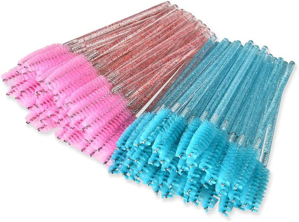 Farsa Life Mascara Wands 100 Pcs Disposable Eyebrow Spoolie Brush,Glittered Aquamarine & Pink Eyelash Applicator