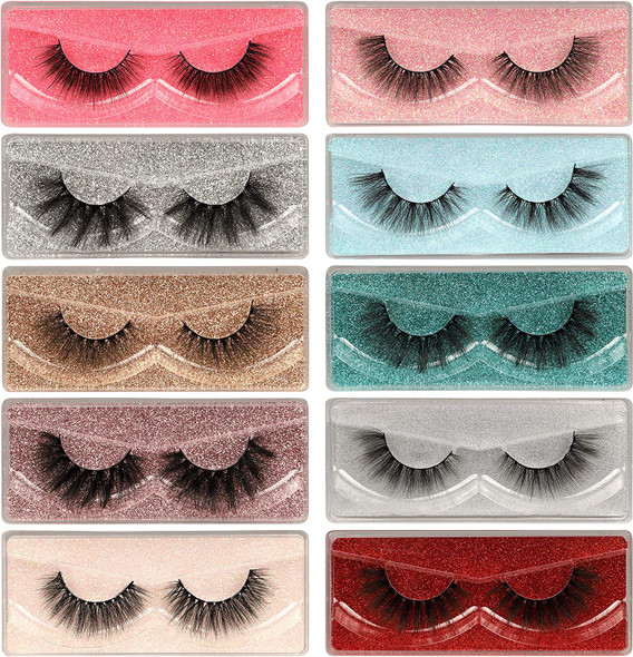 Faux Mink Eyelashes 10 Pairs 10 Styles Mixed Lashes Pack Fluffy Volume Natural Look Wispy Medium Length False Eyelashes Soft Handmade Reusable 10 Portable Boxes Fake Eyelashes