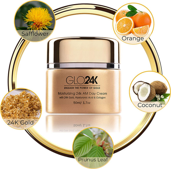 GLO24K Moisturizing Day Cream with 24k Gold, Hyaluronic Acid, Collagen, and Vitamins. For Optimal Hydration!