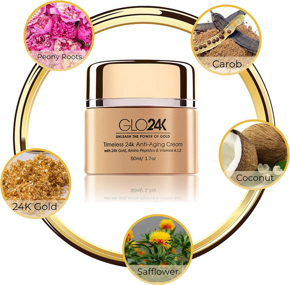 GLO24K Timeless Age-Defying Cream with 24k Gold, Retinol, Peptides, and Vitamins A,C,E.