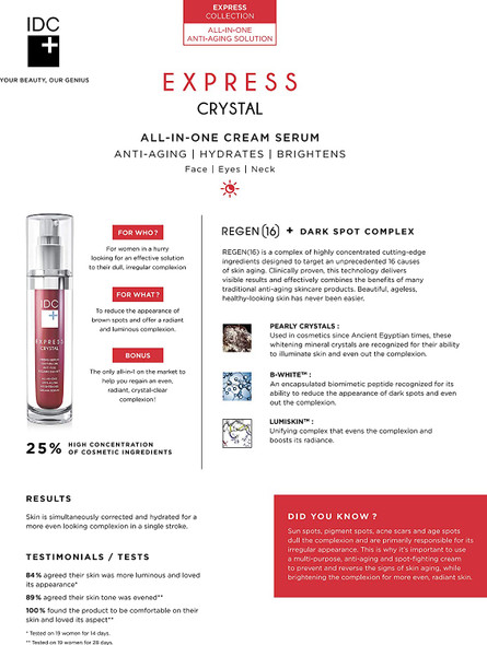 IDC Dermo - EXPRESS CRYSTAL - Day & Night All-in-One Brightening Anti-Aging Cream Serum - Reduces Unwanted Pigmentation & Evens Skin Tone - Face, Eyes & Neck - Formulated for Dark Spots, Uneven Complexion & Hyperpigmentation - 30 mL / 1 fl. oz.