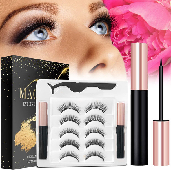 iVotala Magnetic eyelashes and Eyeliner kit, 5 Pairs of Reusable 3D Magnetic Eyelashes with 2 Special Magnetic Eyeliners and Tweezers, Easy to Apply with Natural Look