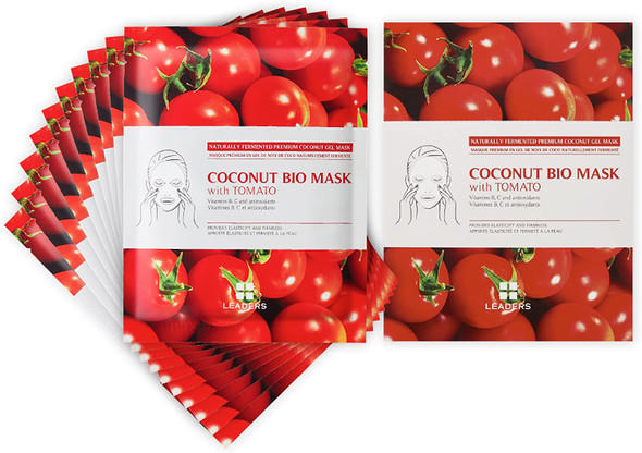 Korean Face Masks Skin Care, Anti-Aging, Boosts Skin Elasticity and Firmness, Coconut Bio with Tomato Facial Sheet Masks for Women Men by Leaders Insolution (10-Pack)
