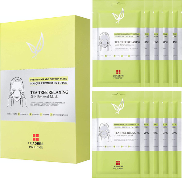 Korean Face Masks Skin Care, Calming, Soothing for Sensitive Irritated Skin, Tea Tree Relaxing Skin Renewal Facial Sheet Masks for Women Men by Leaders Insolution (10-pack)