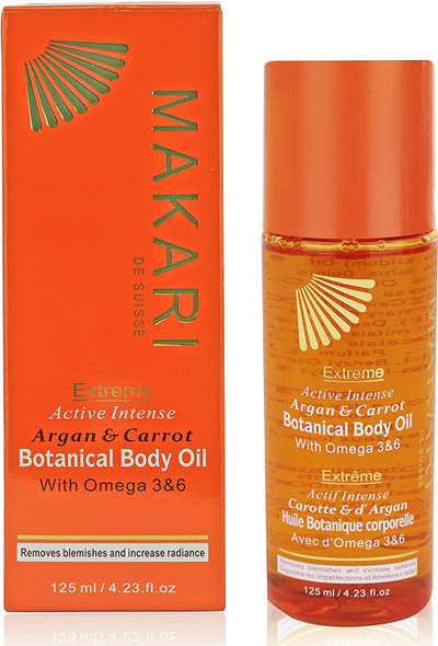 Makari Extreme Botanical Body Oil 4.23 fl. Oz.  Moisturizing, Toning & Anti-Aging Body Treatment With Omega 3 & 6, Argan, Carrot & Soybean Oils  Hydrating Formula for Wrinkles, Dryness