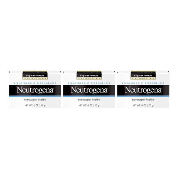 Neutrogena Original Fragrance-Free Facial Cleansing Bar with Glycerin, Pure & Transparent Gentle Face Wash Bar Soap, Free of Harsh Detergents, Dyes & Hardeners, 3.5 oz (Pack of 3)