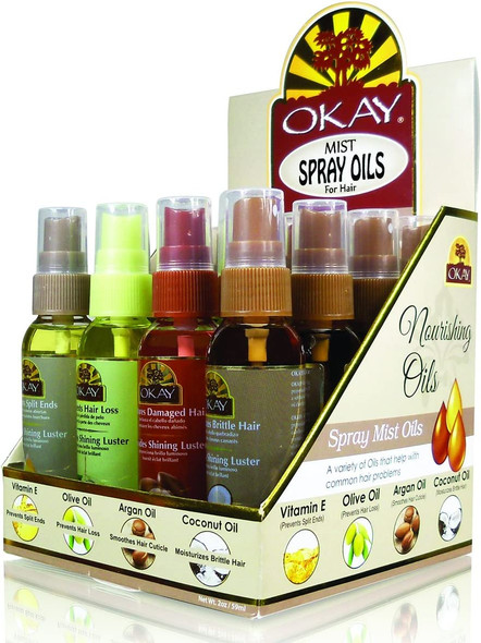 OKAY mist spray oil 2oz display 16pc/display (4pc of each mist hair spray oil)