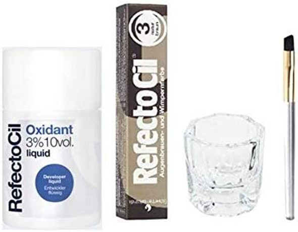Refectocil tint dye kit natural brown no.3 + liquid oxidant 3% 100ml + mixing brush + mixing dish, 1 Count
