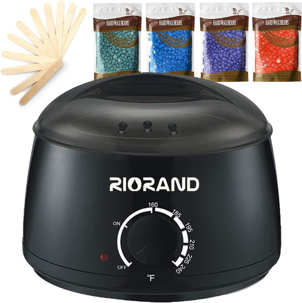 RioRand wax warmer hair removal kit with hard wax beans and applicator sticks, black