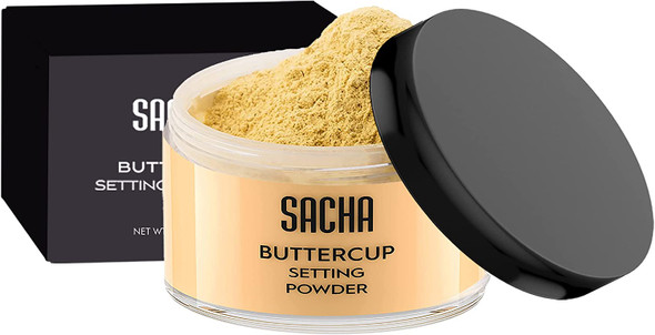 Sacha BUTTERCUP Setting Powder. No Ashy Flashback. Blurs Fine Lines and Pores. Loose, Translucent Face Powder to Set Makeup Foundation or Concealer. For Medium to Dark Skin Tones, 1.25 oz.