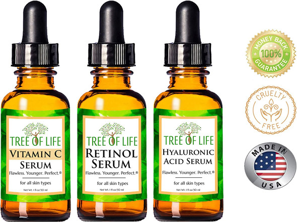 Serum 3-Pack for Face - Vitamin C Serum, Retinol Serum, Hyaluronic Acid Serum - Face Serum Full Regimen for Daytime and Nighttime