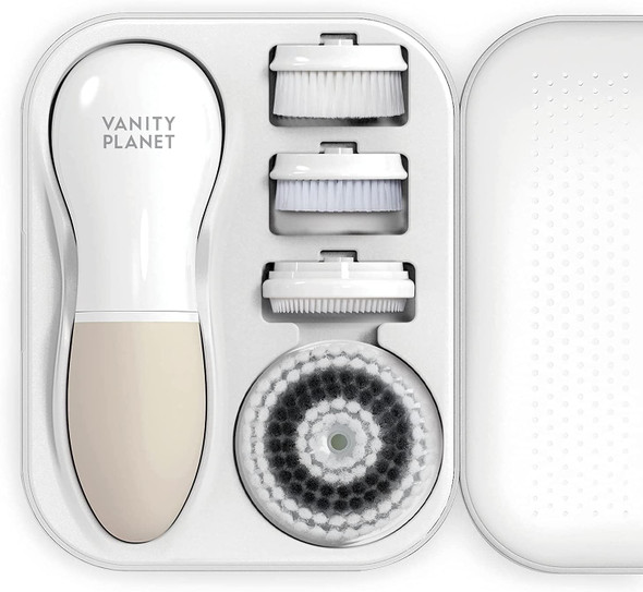 Vanity Planet Raedia Facial Cleansing Brush with 3 Interchangeable Brush Heads  Daily Cleansing, Glowing Skin, Lightweight Skin Brush/Face Exfoliator, Water Resistant (Warm Gray)