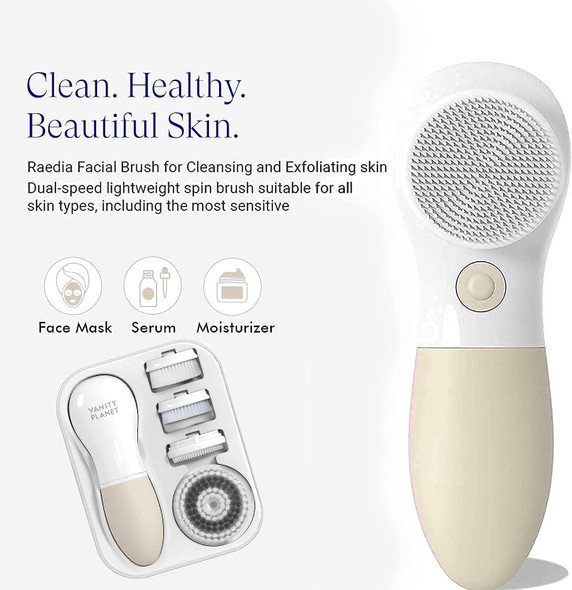 Vanity Planet Raedia Facial Cleansing Brush with 3 Interchangeable Brush Heads  Daily Cleansing, Glowing Skin, Lightweight Skin Brush/Face Exfoliator, Water Resistant (Warm Gray)