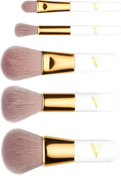 Veil Cosmetics Pro On The Go 5 Piece Makeup Brush Set | Vegan Travel Size Professional Makeup Brushes | 100% Synthetic Bristles