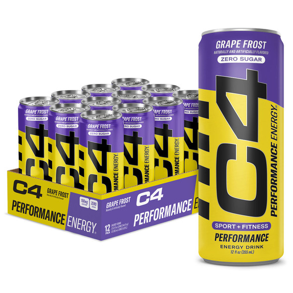 C4 Original Sugar Free Energy Drink Purple Frost  Pre Workout Performance Drink With No Artificial Colors Or Dyes,12 Fl Oz (Pack Of 12)