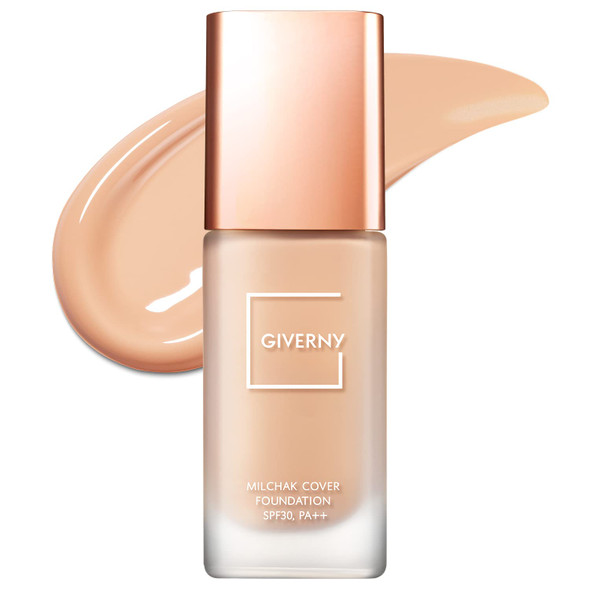 GIVERNY Milchak Cover Foundation #22 Natural Beige  Moist Liquid Foundation for All Skin Types  Flawless Makeup - Lightweight Formula for Satin Glass Texture without Sticky or Cakey, 1.01 fl.oz.