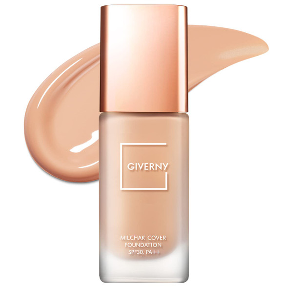 GIVERNY Milchak Cover Foundation #23 Medium beige  Moist Liquid Foundation for All Skin Types  Flawless Makeup - Lightweight Formula for Satin Glass Texture without Sticky or Cakey, 1.01 fl.oz.