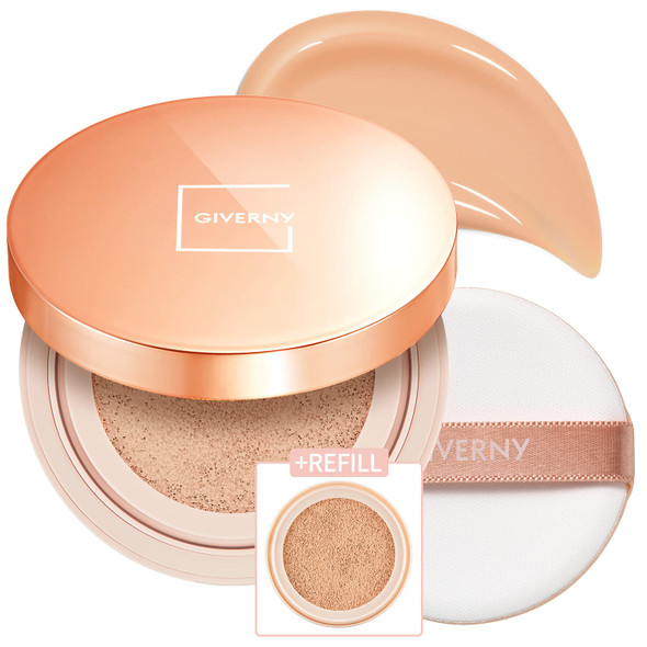 GIVERNY Milchak Cover Foundation Cushion with Refill #23 Medium Beige - Moist Finish for All Skin Types - Flawless Coverage Face Makeup - Lightweight Formula for Satin Glass Texture, 0.4oz x 2