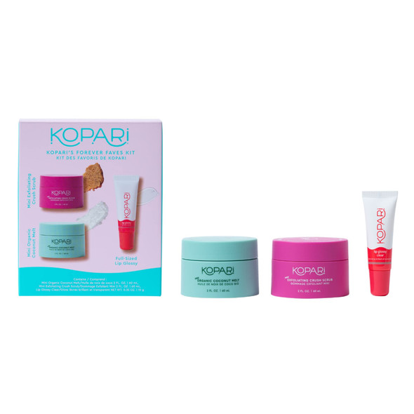 Kopari Forever Faves Bundle | Mini Organic Coconut Melt, Exfoliating Mini Coconut Crush Scrub, Clear Moisturizing Lip Glossy