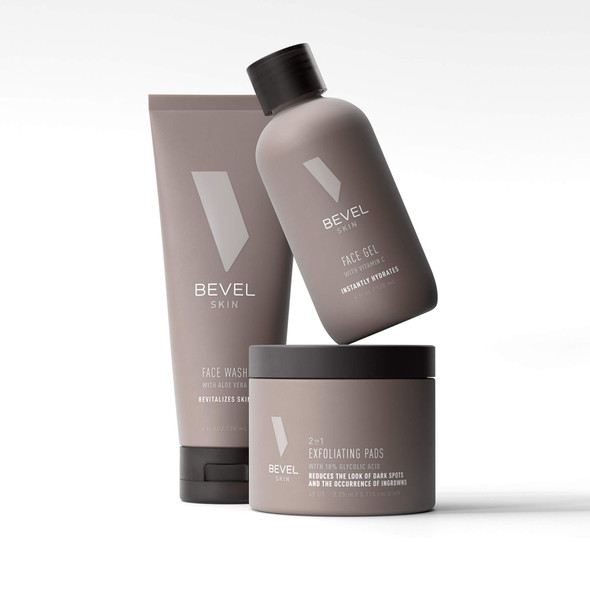 Bevel Skin Care Set for Men - Includes Face Wash with Tea Tree Oil, Glycolic Acid Exfoliating Pads, and Lightweight Face Moisturizer, Helps Treat Blemishes, Bumps and Discoloration