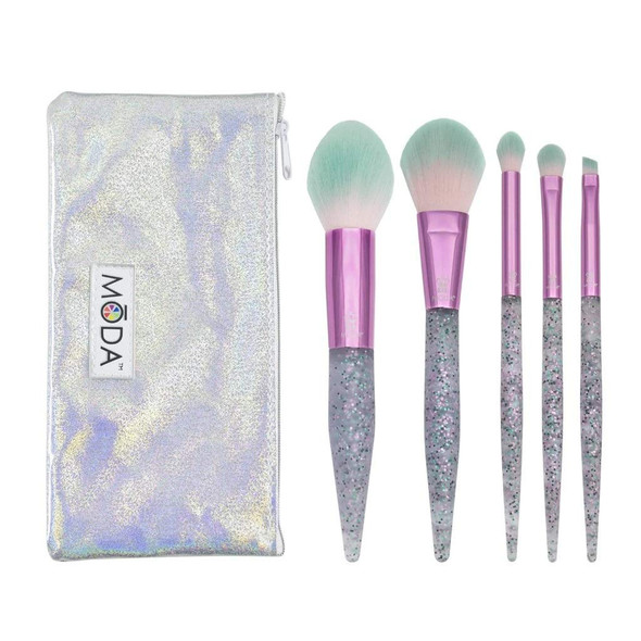 MODA Full Size Glitter Bomb 6pc Complete Makeup Brush Kit with Pouch Includes, Pointed Powder, Blush, Crease, Eye Shader, and Liner Brushes, Pink