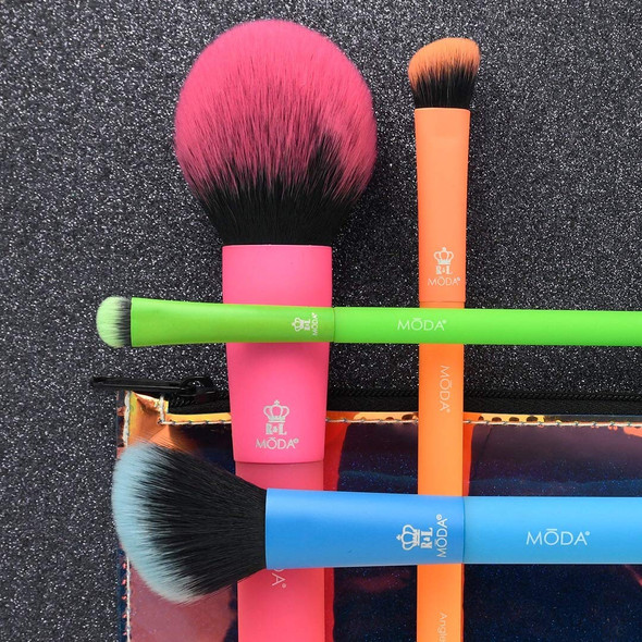 Moda Royal & Langnickel Full Size Electric 5pc Brush Set with Pouch, Includes - Round Powder, Angled Blush, Angled Shader and Smudger Brushes, Multicolor - Neon
