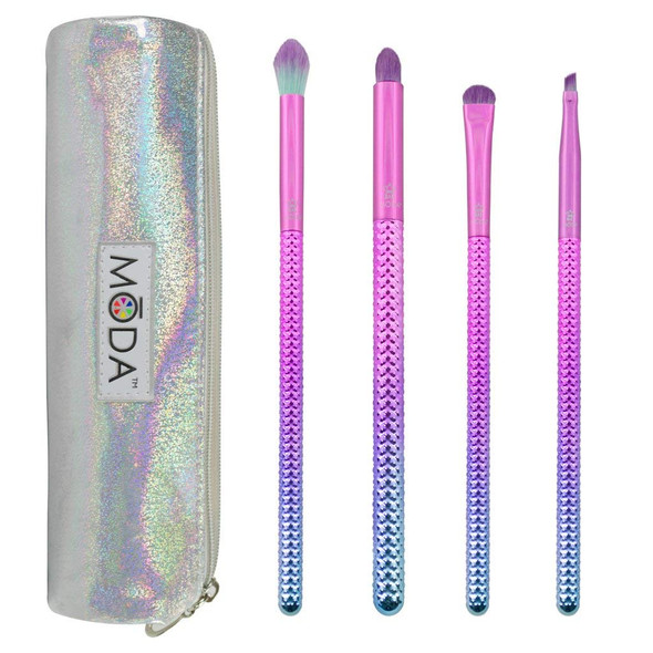 MODA Full Size Prismatic Smoky Eye 5pc Makeup Brush Set with Pouch, Includes, Crease, Smoky Eye Brush, Smudger, and Angled Eyeliner Brushes, Pink -Teal Ombre