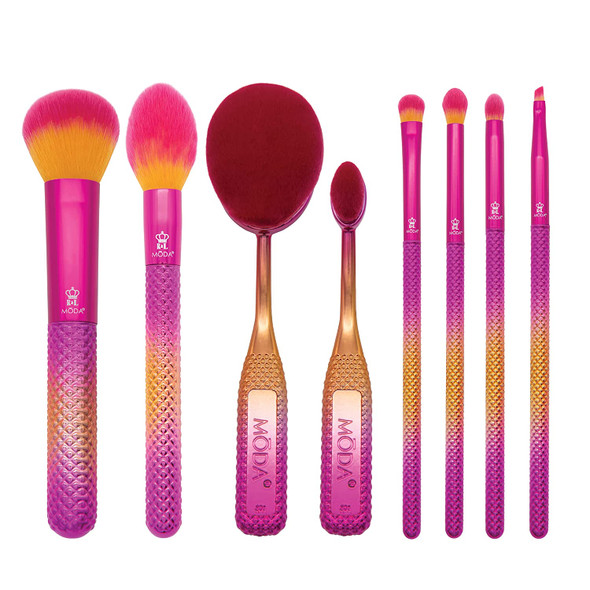 MODA Sunset Prismatic 8PC Full Face Makeup Brush Set, Includes Oval Foundation, oval contour, domed kabuki, pointed powder, crease, shader, detail, and angle liner brushes