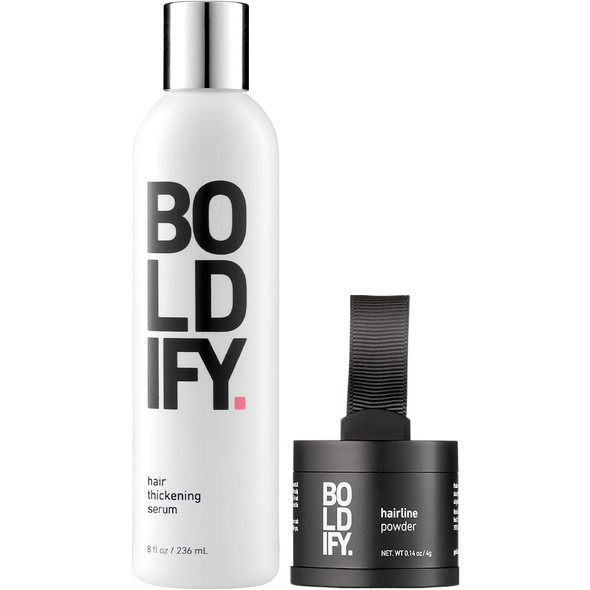 Hairline Powder (Black) + Hair Thickening Serum 8oz: Boldify Bundle: Root Touchup Hair Loss Powder and For Thicker Hair Day One.