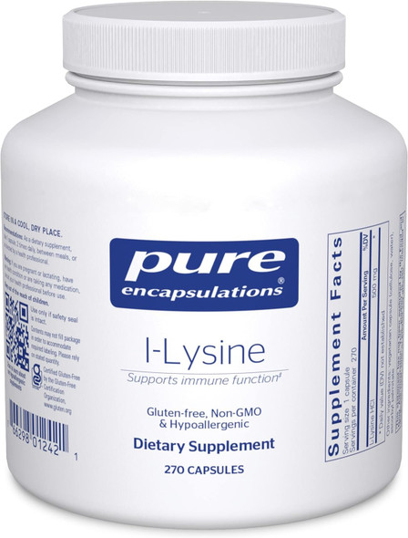 Pure Encapsulations - L-Lysine 500Mg - Hypoallergenic Essential Amino Acid Supplement - 270 Vegetarian Capsules