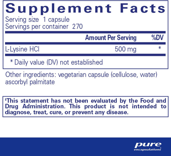 Pure Encapsulations - L-Lysine 500Mg - Hypoallergenic Essential Amino Acid Supplement - 270 Vegetarian Capsules