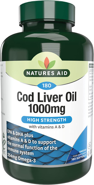 Natures Aid Cod Liver Oil, 1000 mg, 180 Softgel Capsules (High Strength, 254 mg Omega-3 with Vitamins A and D for Normal Function of the Immune System, Made in the UK)