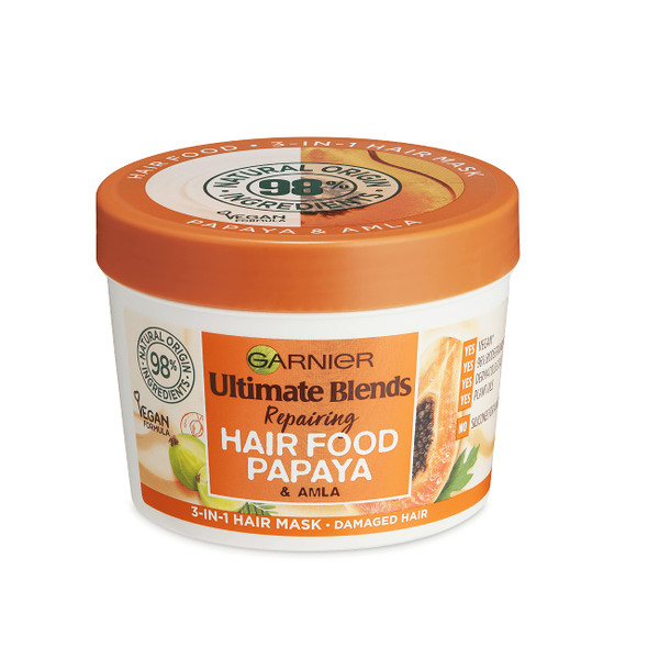 Garnier Ultimate Blends Hair Food Papaya 3-In-1, Repairing Hair Mask, Conditioning Treatment, Leave-In Conditioner For Damaged Hair, Vegan Formula, 98% Natural Ingredients, No Silicones, 390 Ml