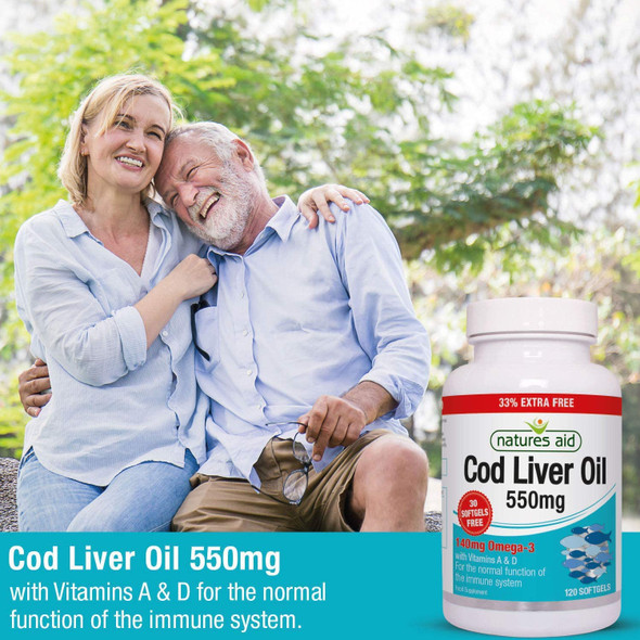 Natures Aid Cod Liver Oil 550 mg 120 Softgel Capsules (Providing 120 mg Omega-3, with Vitamins A and D, For The Normal Function of the Immune System, Purity Guaranteed, Made in the UK)