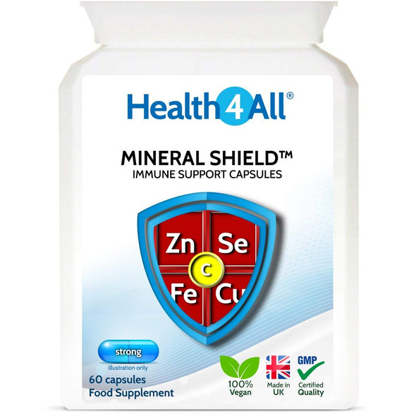 Mineral Shield Immune Support 60 Capsules (V) (not Tablets) (2 Months Supply) with Vitamin C, Zinc 20mg, Selenium, Copper and Iron for Healthy Immune System Function. Made in The UK by Health4All.