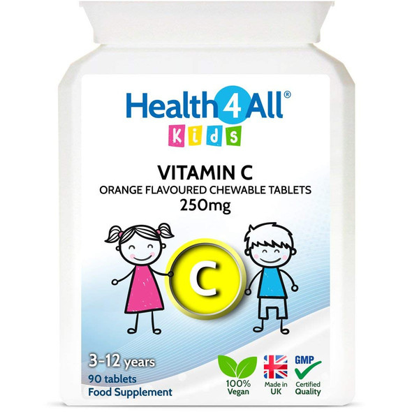 Kids Vitamin C 250mg 90 Tablets (V) . Vegan Chewable Vitamin C Tablets for Children 3+. Made in The UK by Health4All