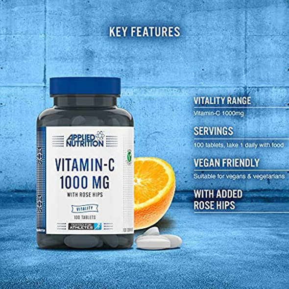 Applied Nutrition Vitamin C 1000mg 100 tablets (3 Months Supply) L Ascorbic Acid With Rose Hips - Immune System Support - Suitable For Vegans & Vegetarians