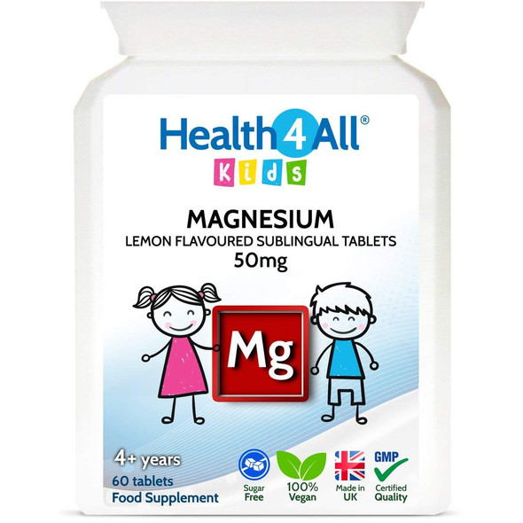 Kids Magnesium Sublingual 60 Tablets (not Capsules or Gummies) for Anxiety, Sleep, Ticks. Vegan Magnesium Citrate for Children. Made in The UK by Health4All