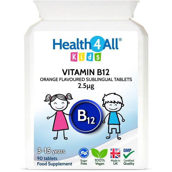 Kids Vitamin B12 2.5mcg Sublingual 90 Tablets (V) .(not Capsules or Gummies) Vegan Methylcobalamin Tablets for Children. Orange Flavoured. Made in The UK by Health4All