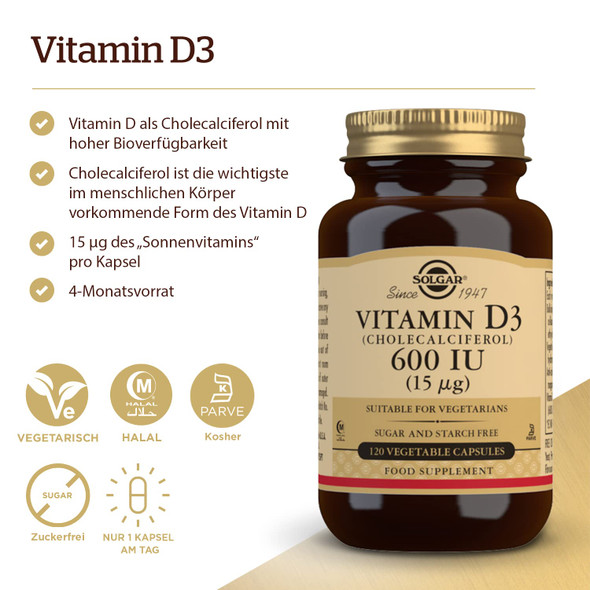 Solgar Vitamin D3 (Cholecalciferol) 600 IU (15 µg) Vegetable Capsules - Pack of 120