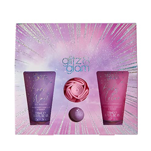 Style & Grace Glitz & Glam Glimmer Gift Set Eco Packaging 110ml Body Wash + 110ml Body Lotion + 80g Bath Fizzer + 1 Shower Flower