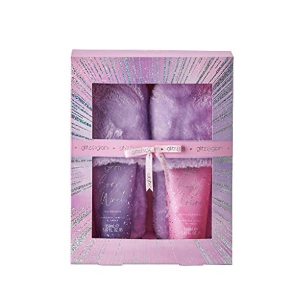 Style & Grace Glitz & Glam Slipper Gift Set Eco Packaging 150ml Body Wash + 150ml Body Lotion + 1 Pair Fluffy Slippers