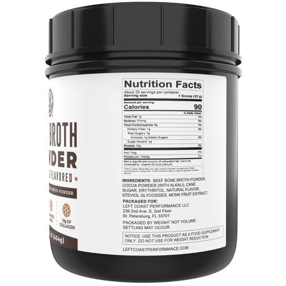 Left Coast Performance Bone Broth Protein Powder Chocolate 16 OZ