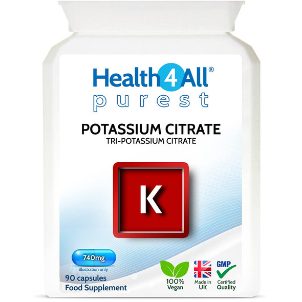 Potassium Citrate 740mg 90 Capsules (V) High Elemental Potassium. Purest: no additives. Vegan. Made by Health4All