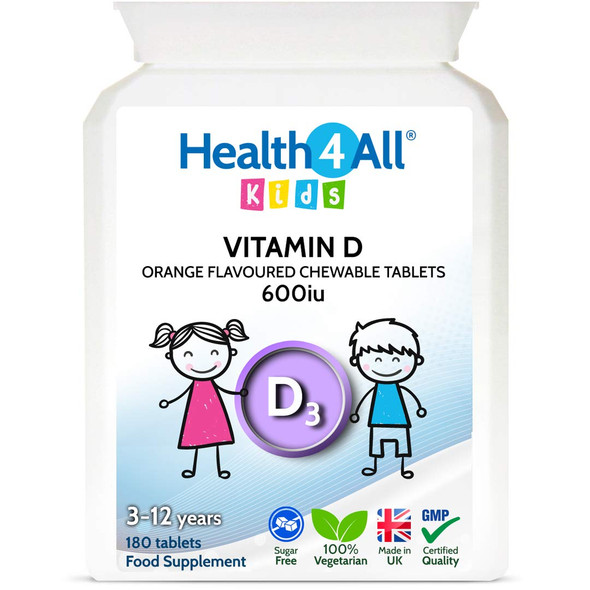 Kids Vitamin D3 600iu Chewable 180 Tablets. Sugar Free. Natural Orange Flavour. Made by Health4All Kids