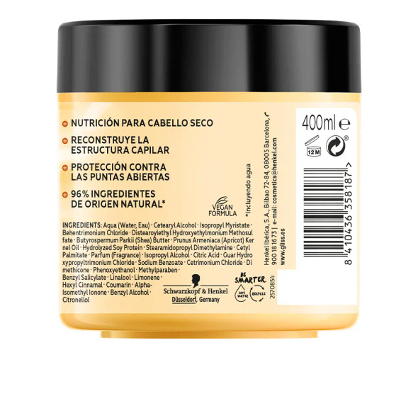 Schwarzkopf Mass Market GLISS PROTEIN+ mascarilla nutricion cabello seco Hair mask for damaged hair