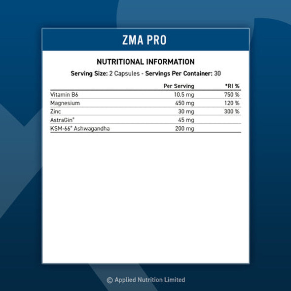 Applied Nutrition ZMA Pro Zinc, Magnesium, Vitamin B6 Contributes to Normal Testosterone Levels Supports Functioning of Nervous System and Muscle Reduces Fatigue - 60 Capsules 50g - 30 Servings