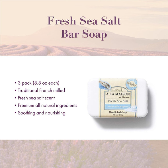 A LA MAISON Fresh Sea Salt Bar Soap - Triple French Milled Natural Moisturizing Hand Soap Bar (3 Bars of Soap, 8.8 oz)